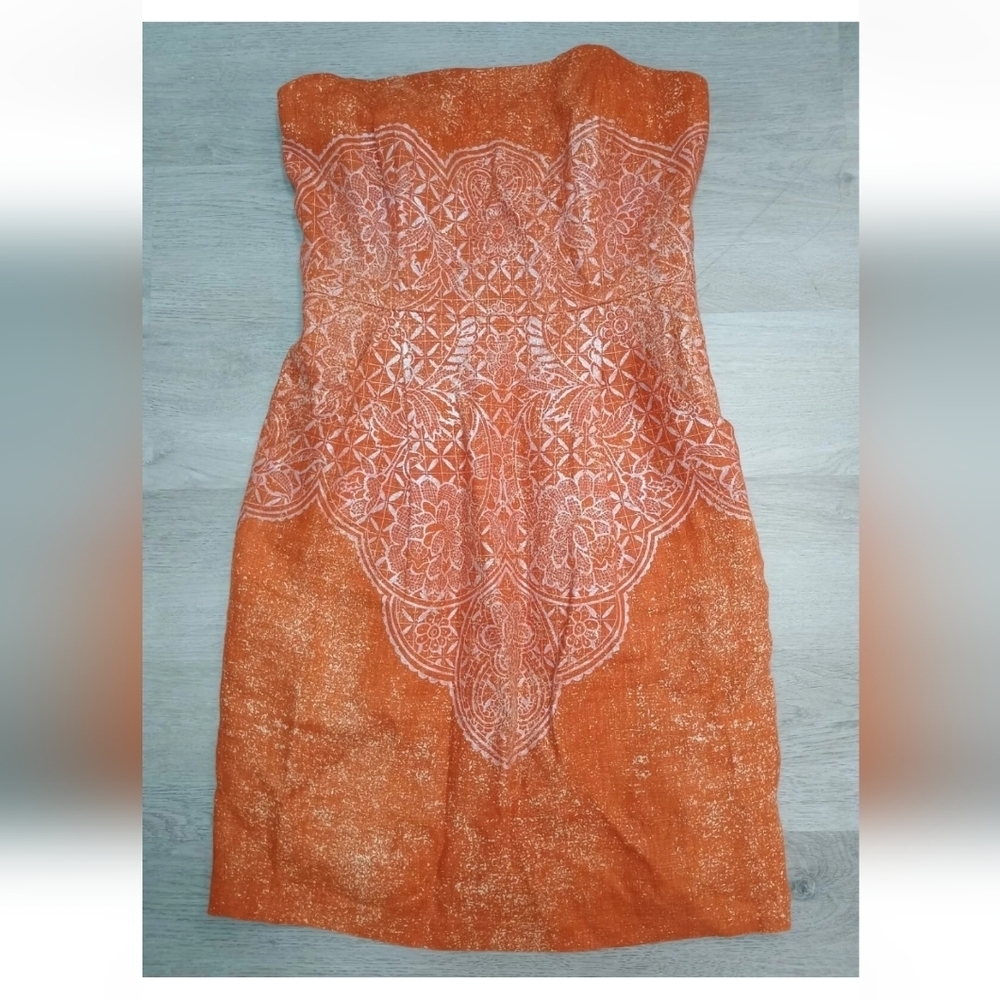Peruvian Connection Orange Silver 100% Linen Halter Sheath Dress Pockets Size 4